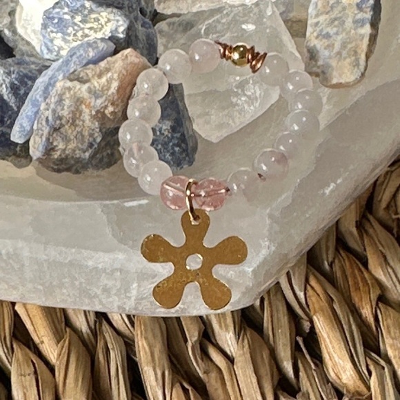 Pink and cherry Quartz beaded ring band/boho self love healing crystals - Picture 2 of 8